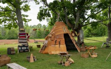 A tipi erected between two trees in a field.